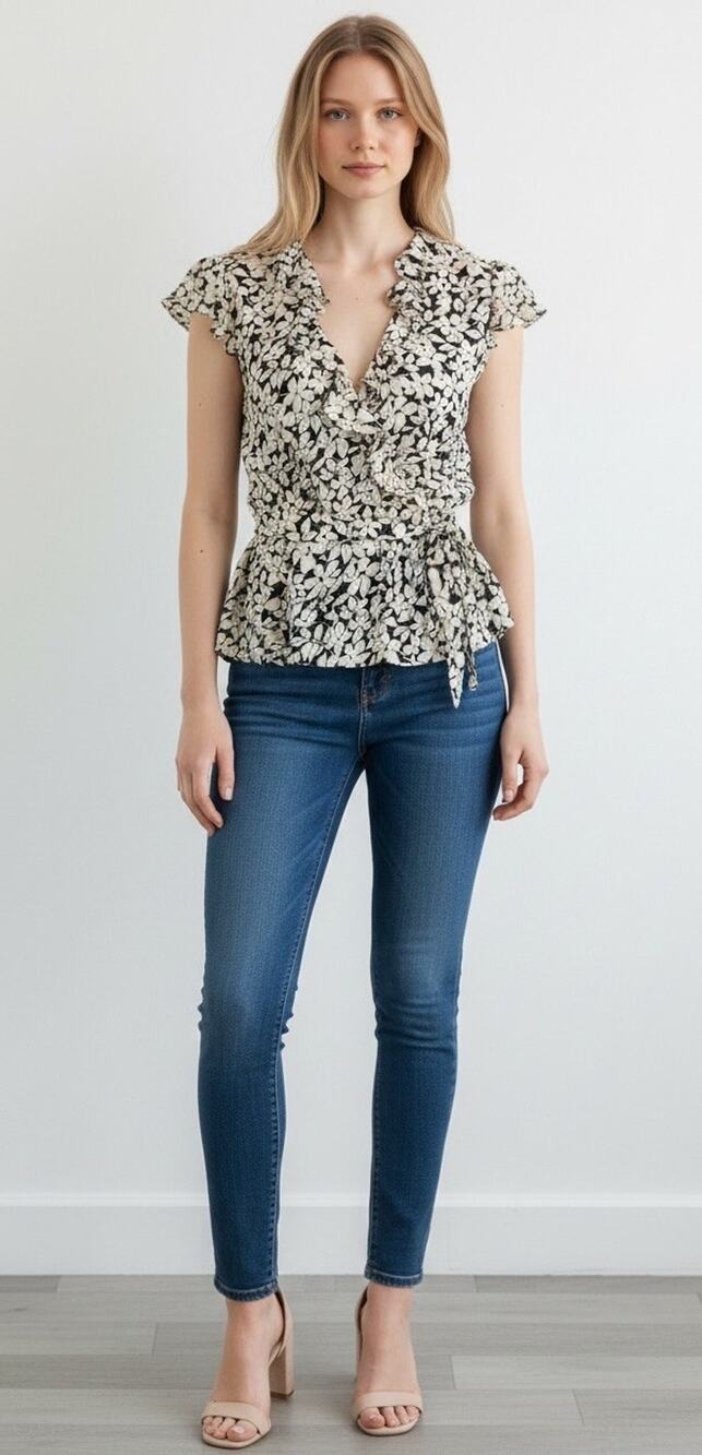 NWT Polo Ralph Lauren Women Size 4 Floral Wrap Top Blouse Dark Brown Cream